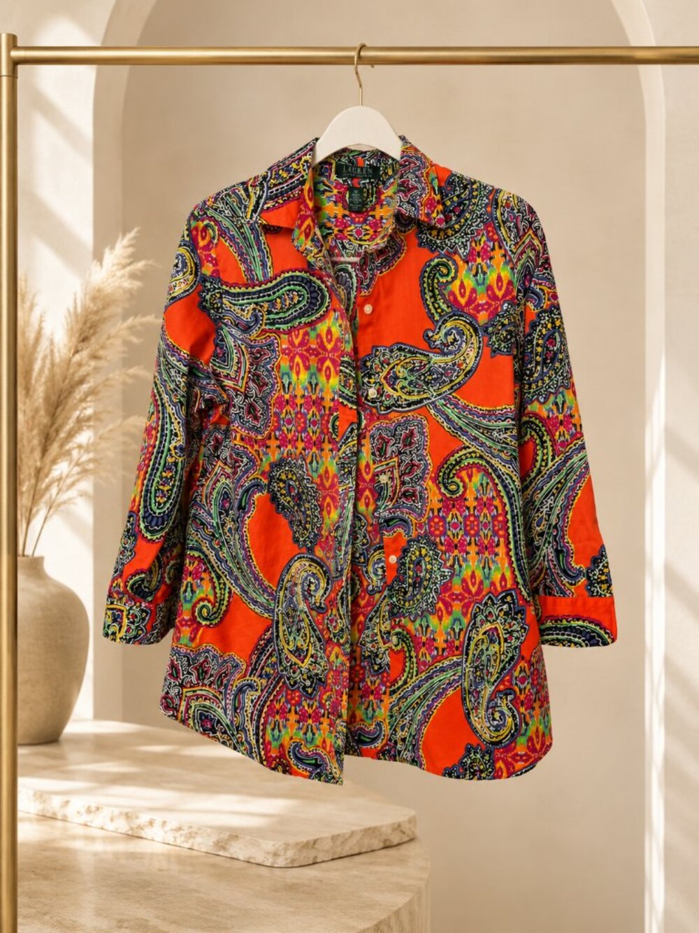 Lauren Ralph Lauren Paisley Shirt Women’s M Orange Multicolor Cotton Button Up - Picture 2 of 15